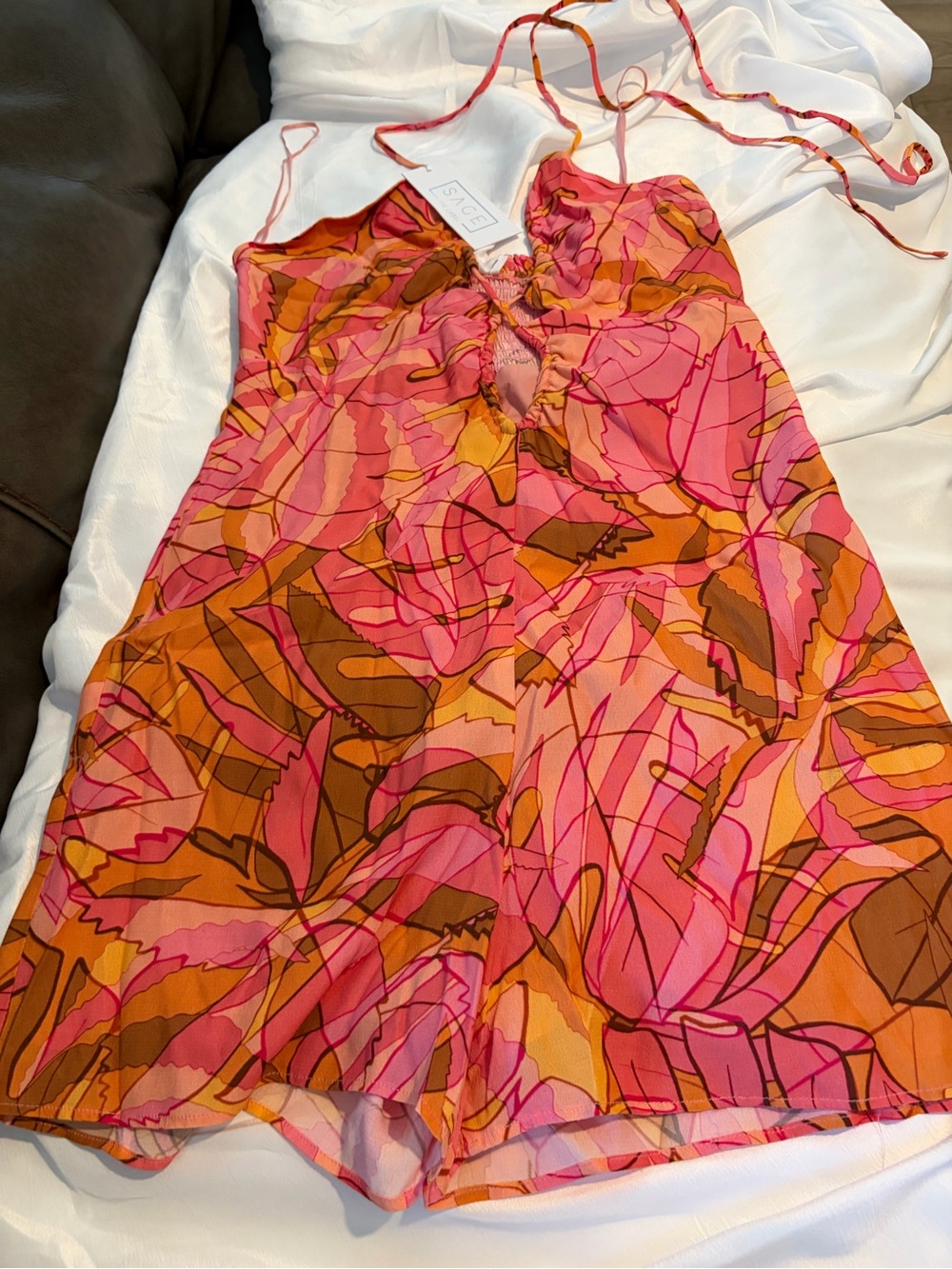 Sage Pink & Orange Abstract Floral Mini Dress